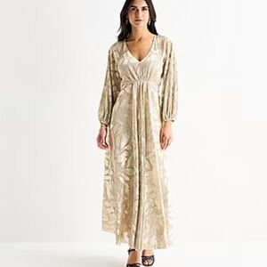 Sam & Jess Gold Leaf Pattern Evening Gown/Maxi Dress with V-Neck Sz Med NWT